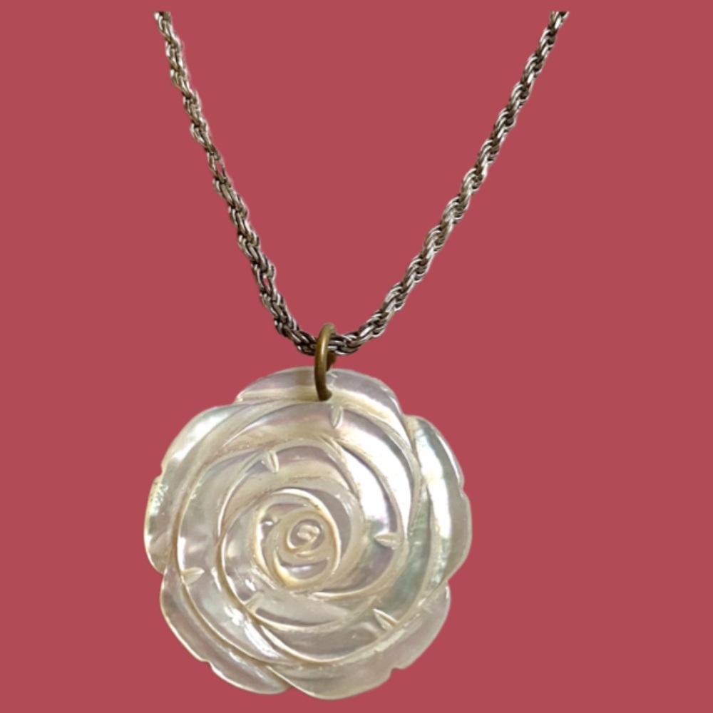 Sterling Silver Carved White Rose Necklace - Picture 5 of 5